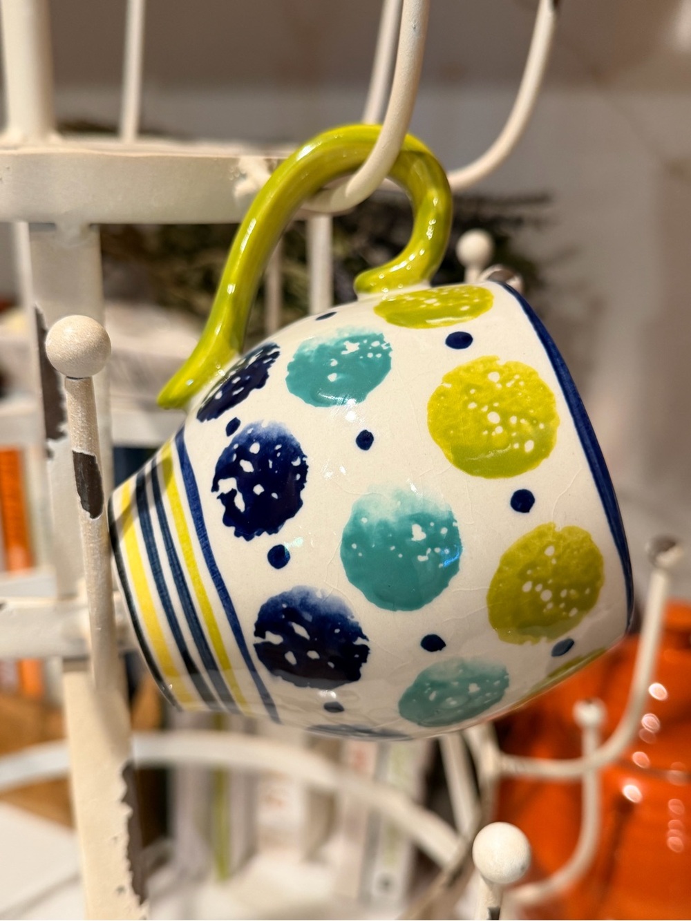 Anthropologie Spongeware Polka Dot Striped Stoneware Mug Blue Green Yellow